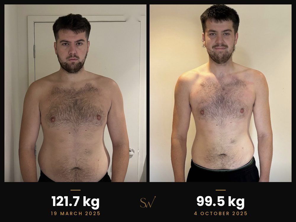 Kevin at 121.7 kg in March 2025 and 99.5 kg in October 2025